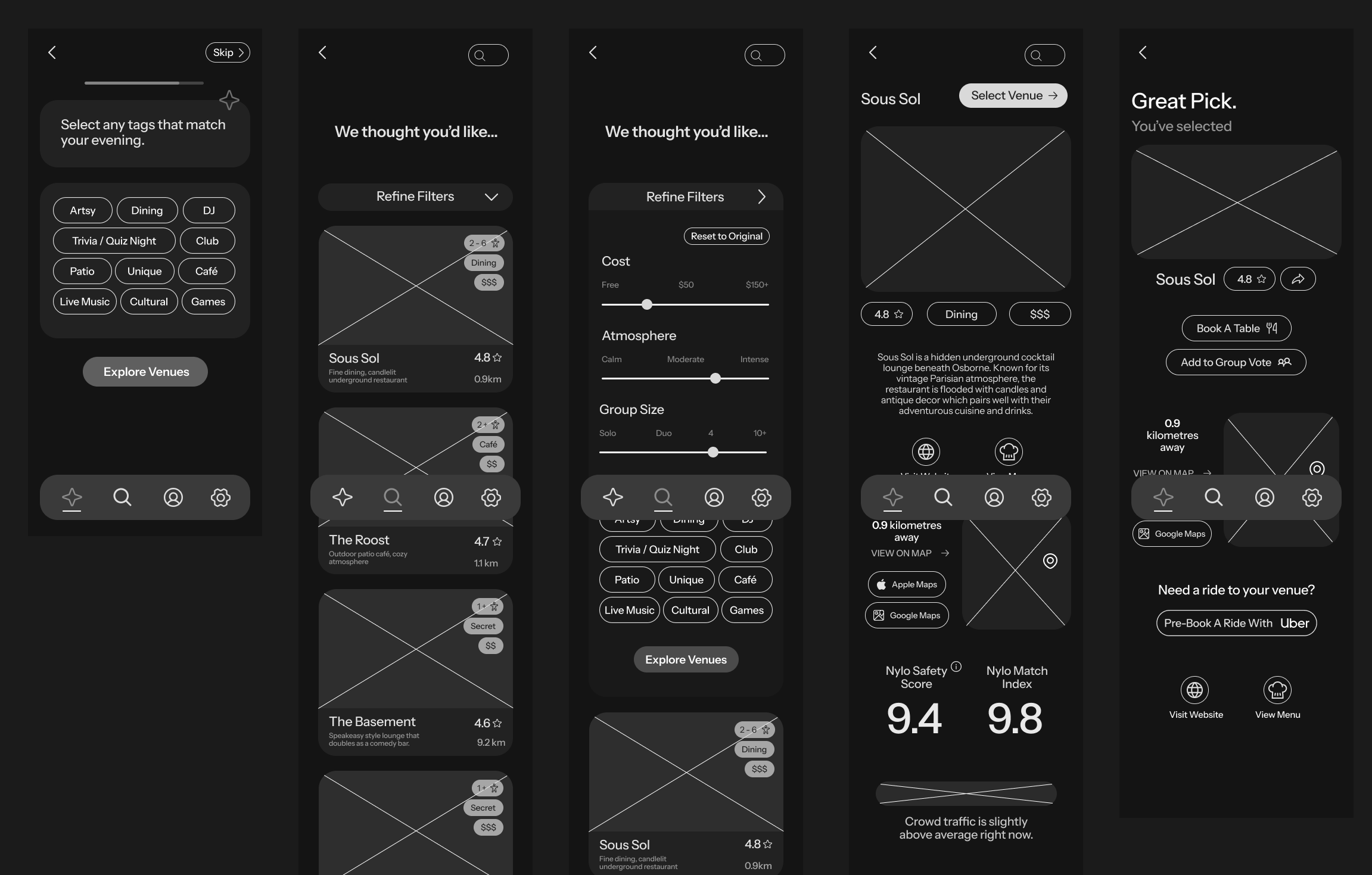 A screenshot of mid-fidelity wireframes from Nylo