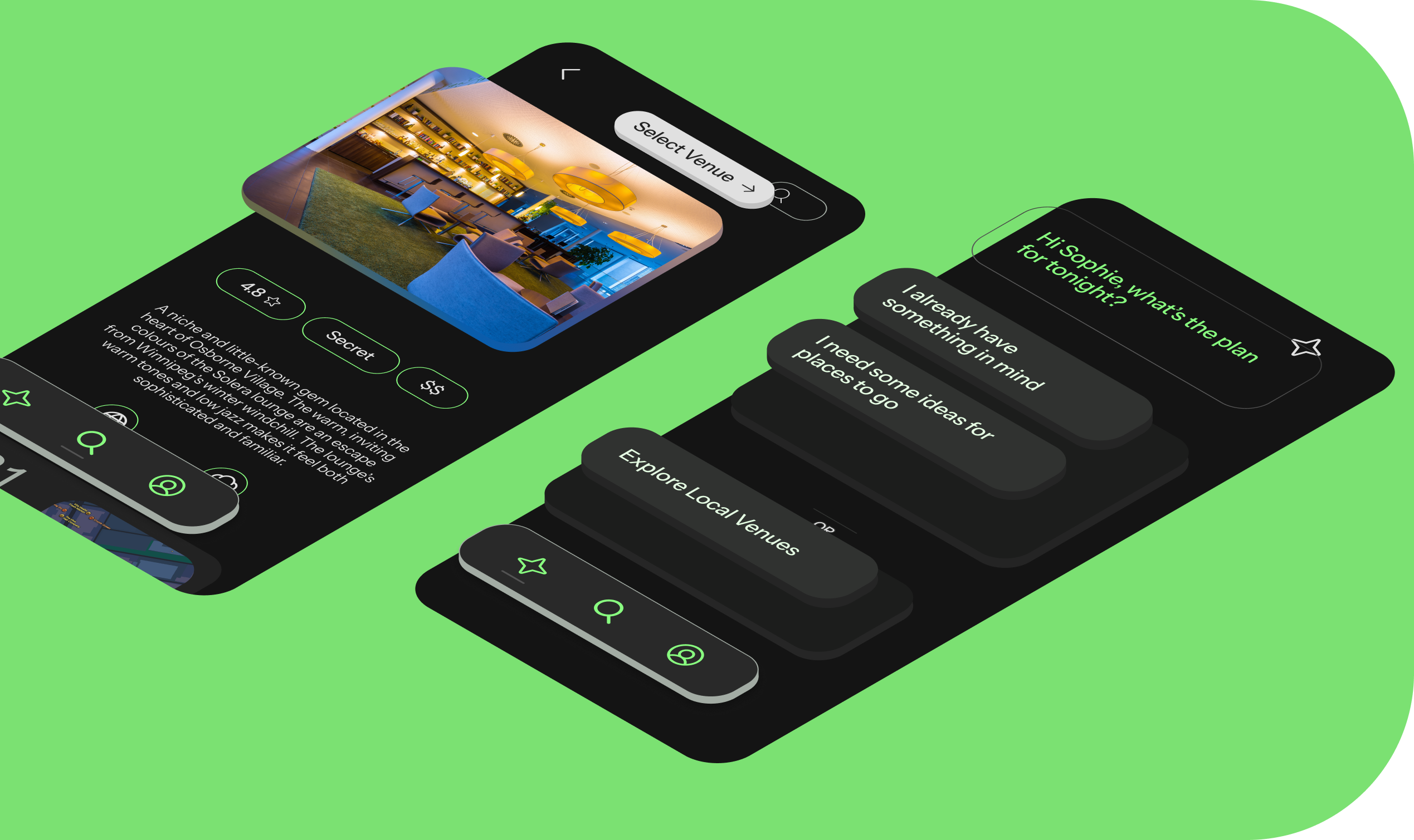 Mockups of Nylo's interface on a green background