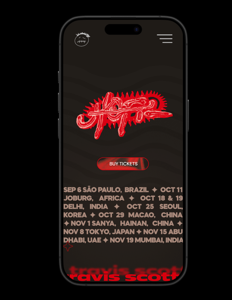 Mobile mockup of Travis Scott homepage