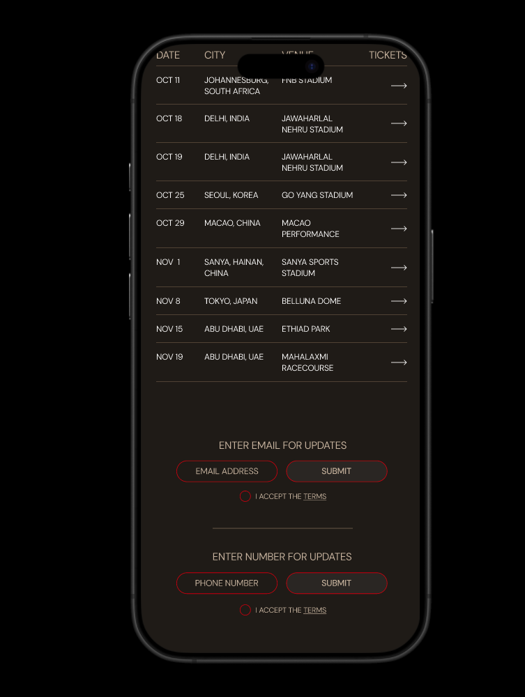 Mobile mockup of Travis Scott "buy tickets" and footer page