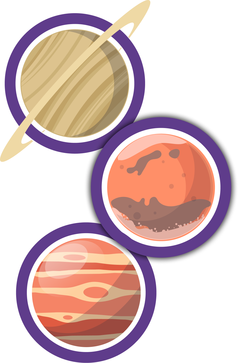 Three illustrations of planets stacked on top of eachother.