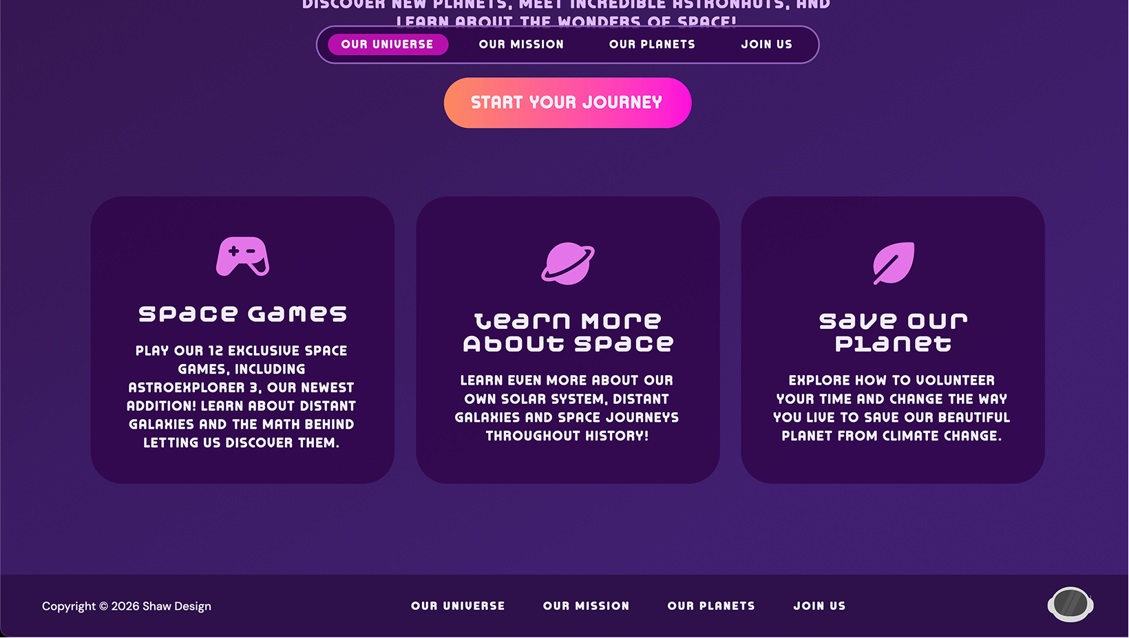 A page explaining the features of a space site.