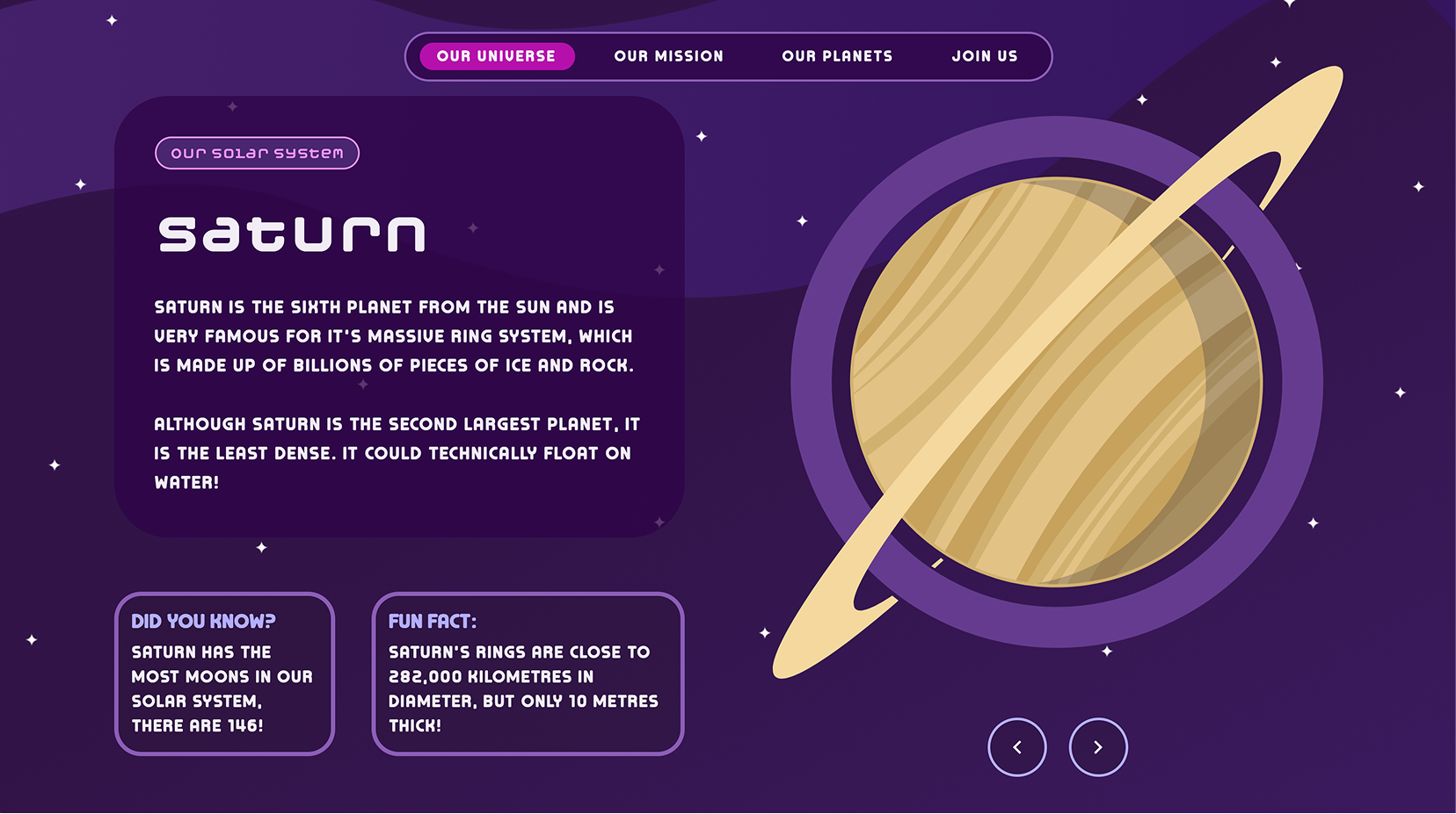 A showcase of the planet Saturn with a large illustration of the planet.