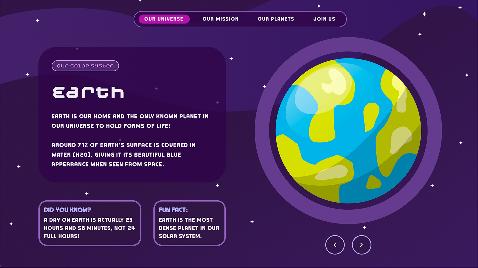 A showcase of the planet Earth with a large illustration of the planet.