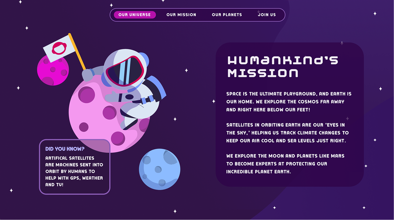 A screenshot of a website including an illustrated astronaut alongside descriptive text.