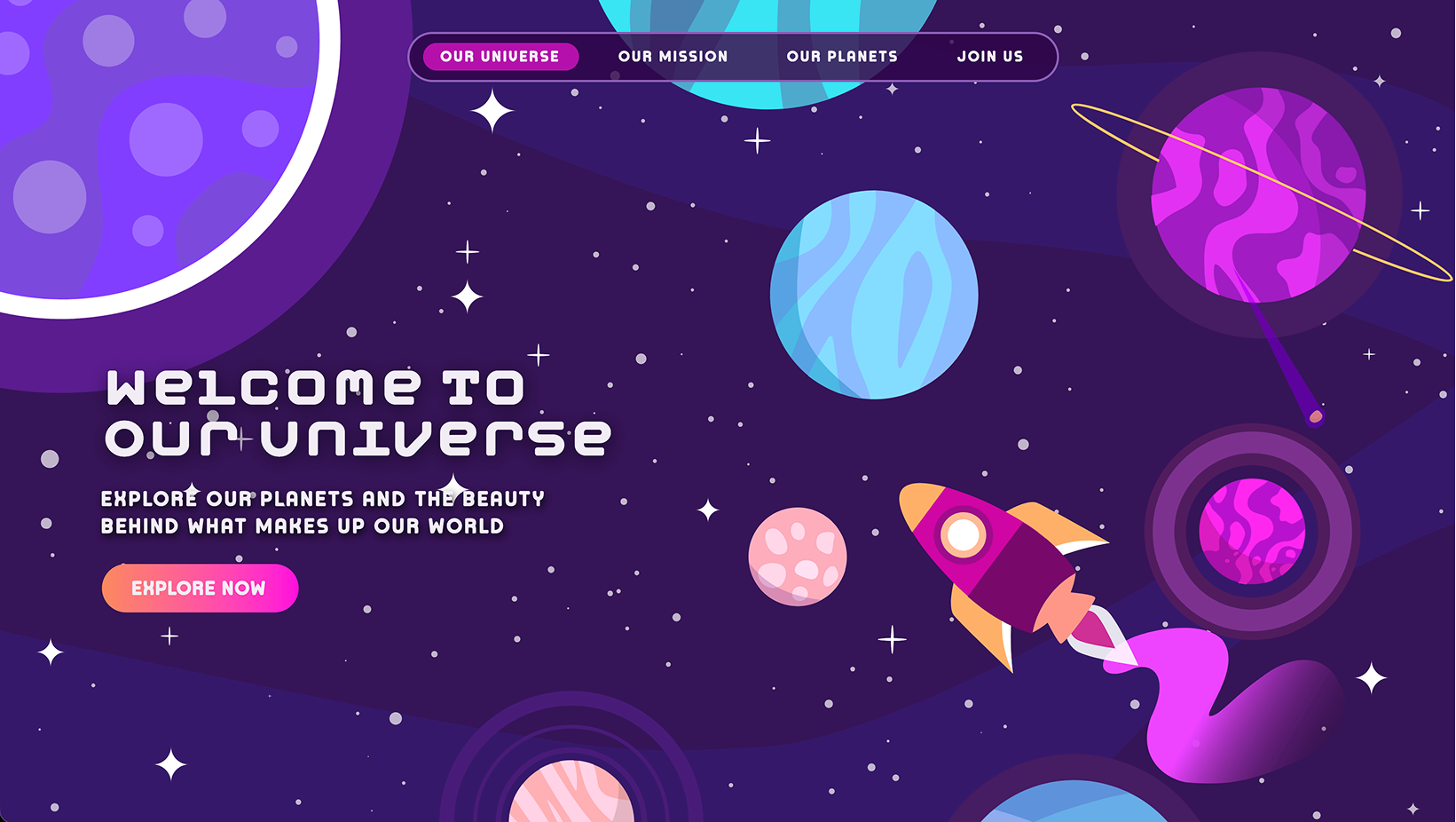 A hero section of a site with left-aligned text, and an interactive illustrated space background.