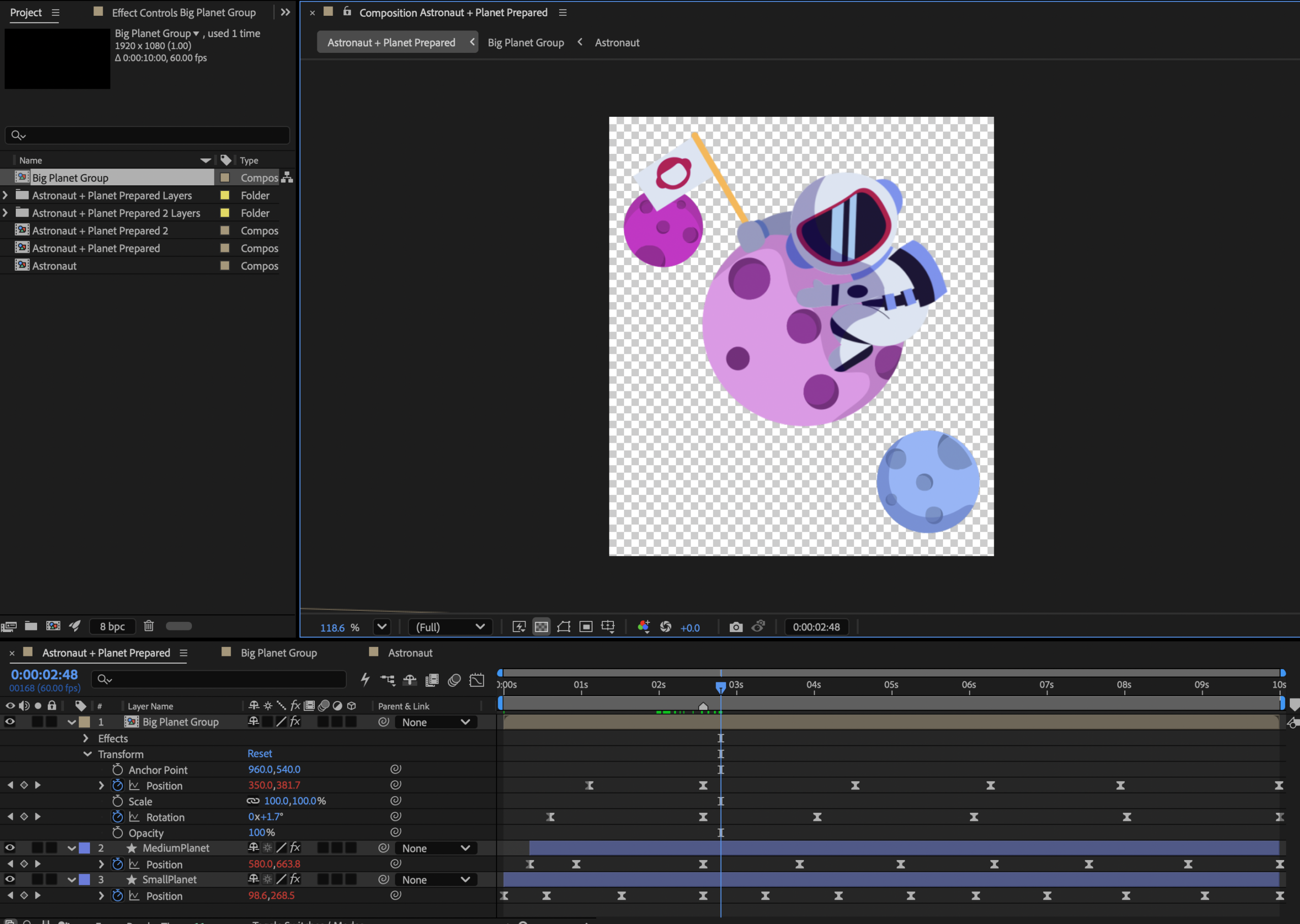 The interior interface of Illustrator showing an astronaut animation.