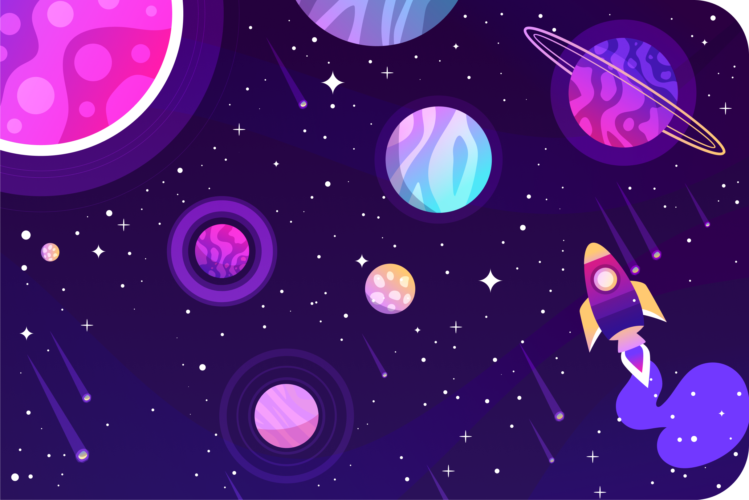 Space environment with a rocket and colourful planets.