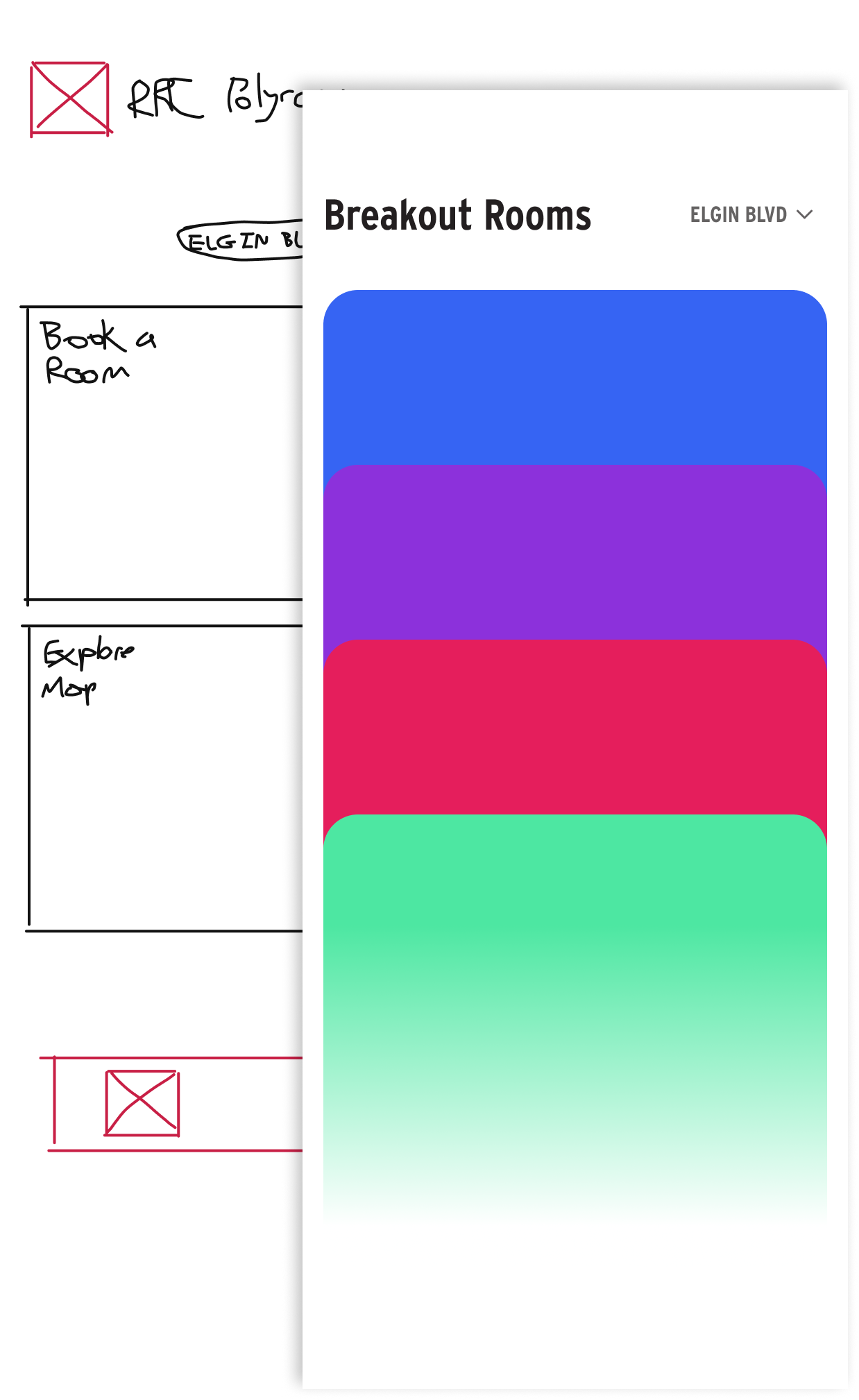 A low and mid-fidelity wireframe from the design process of Polyroom.