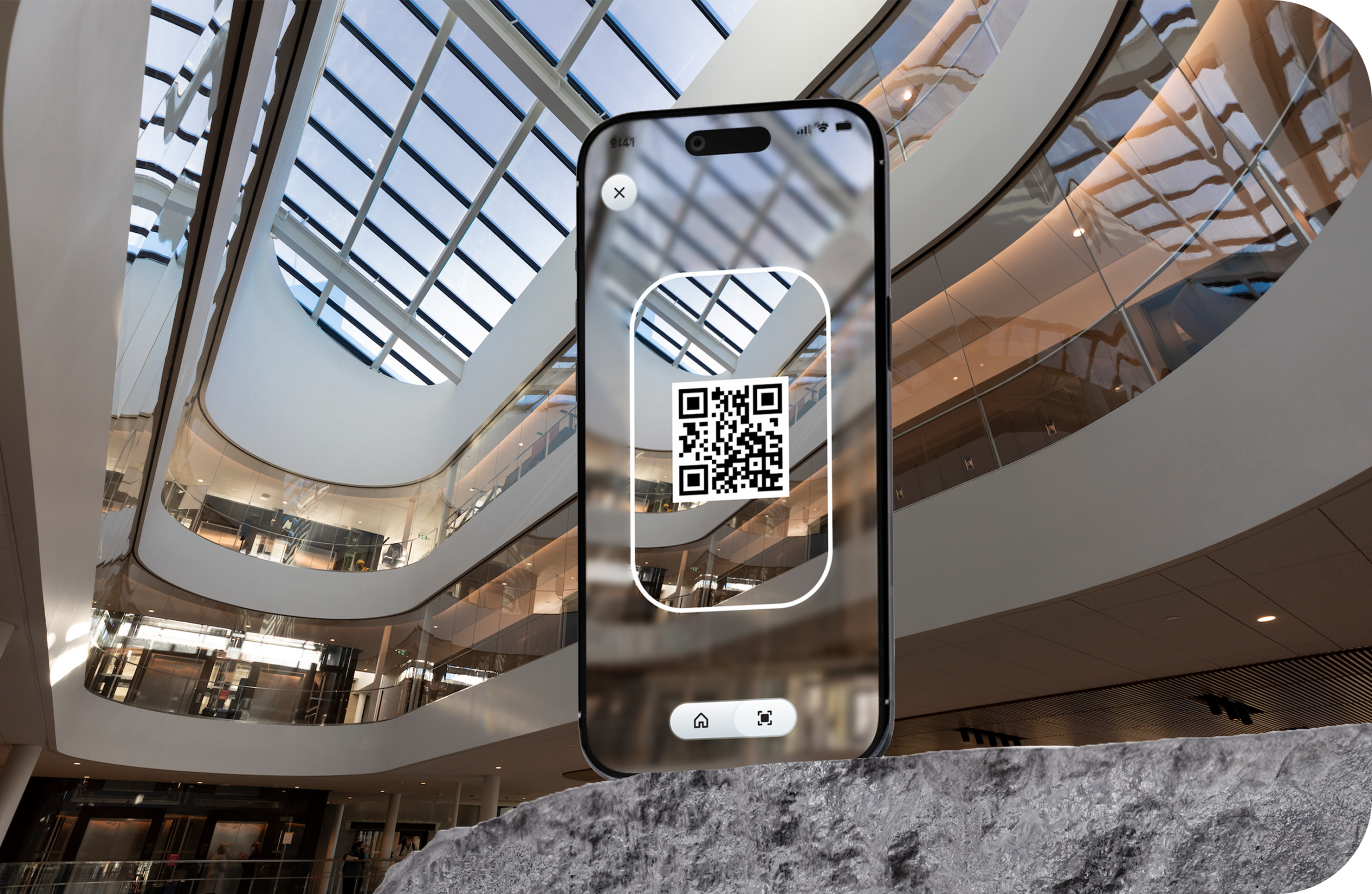 A mockup of a mobile device scanning a QR code via the Polyroom app.