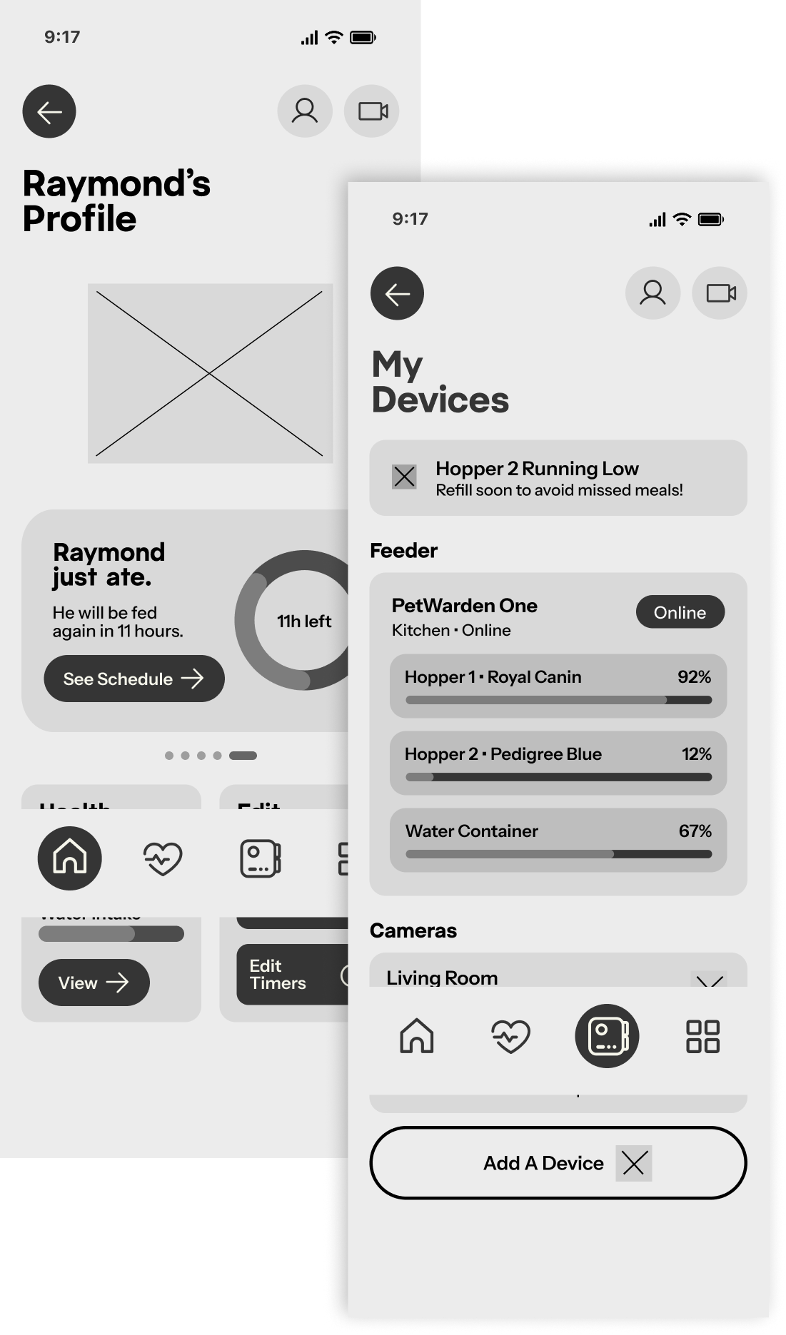 Two mid-fidelity wireframes of PetWarden's interface.