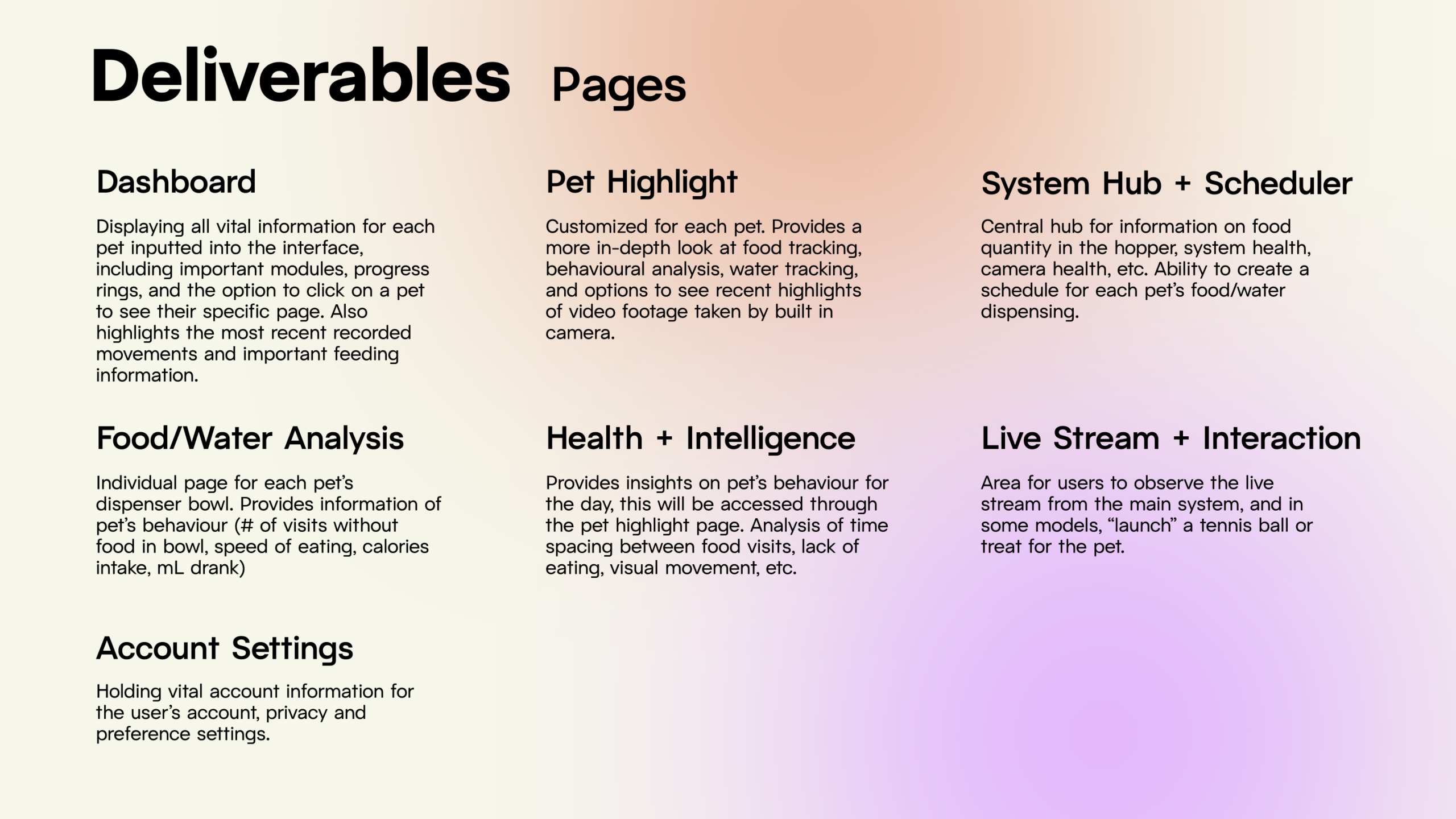 An orange and purple document outlining deliverables of PetWarden.