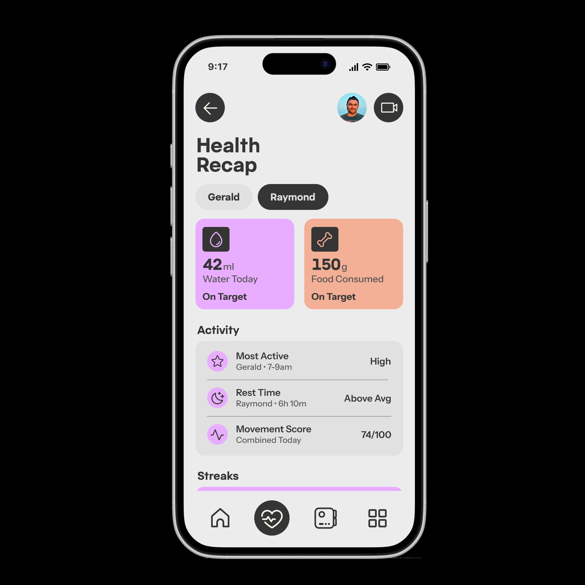 "Health Recap" high-fidelity mockup page.