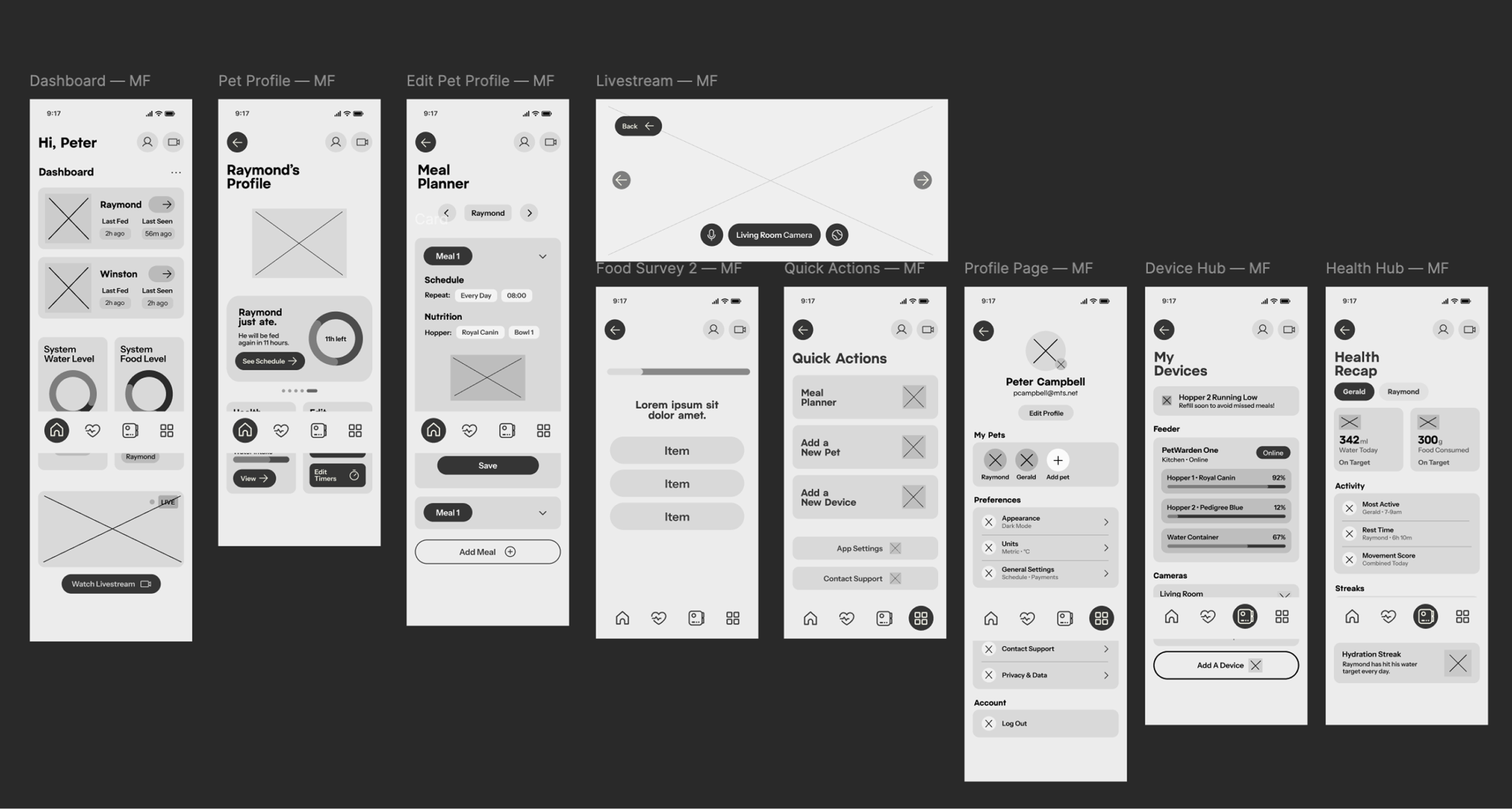 A screenshot of Figma frames showcasing medium-fidelity wireframes.