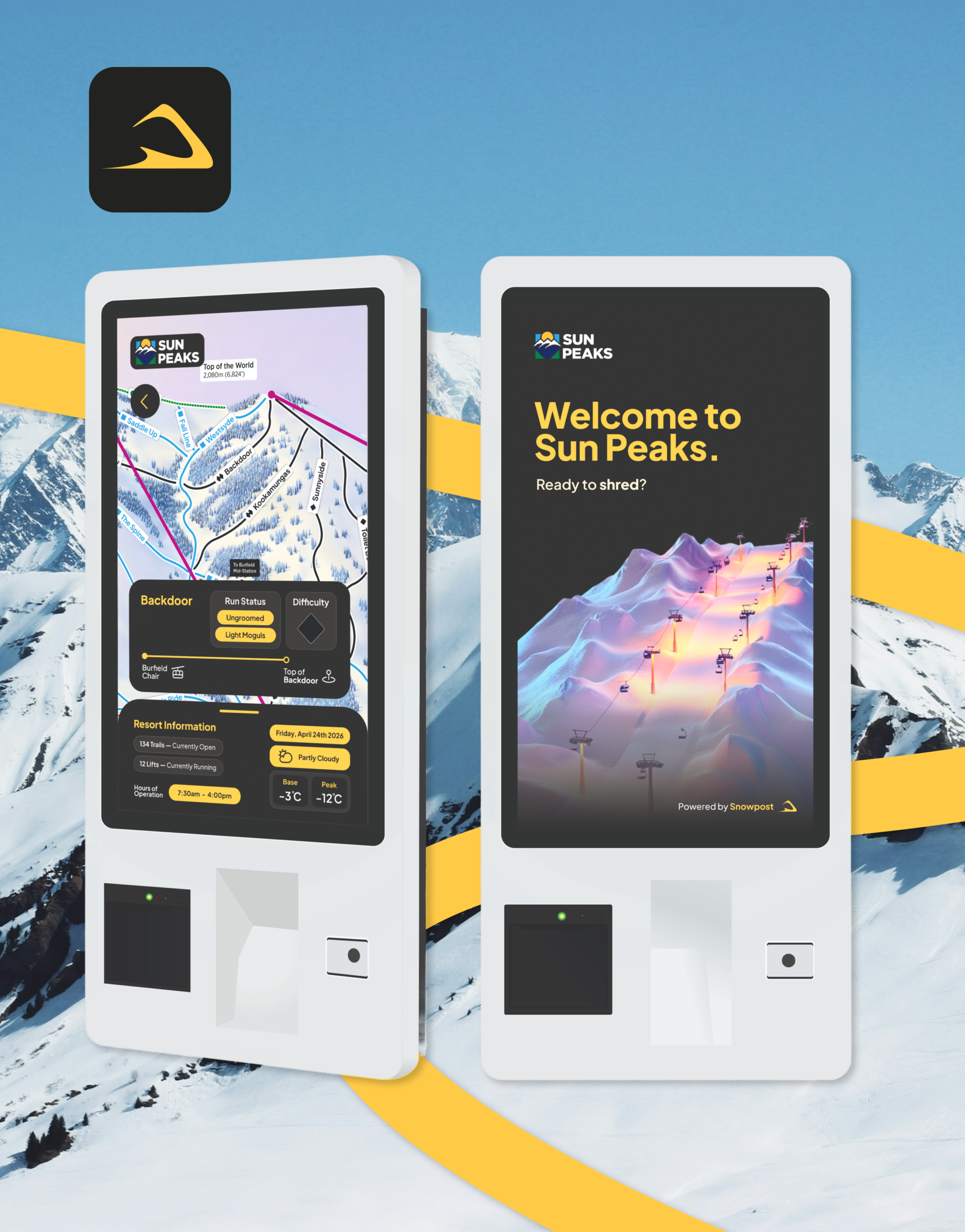 Two mockups of SnowPost's kiosk UI