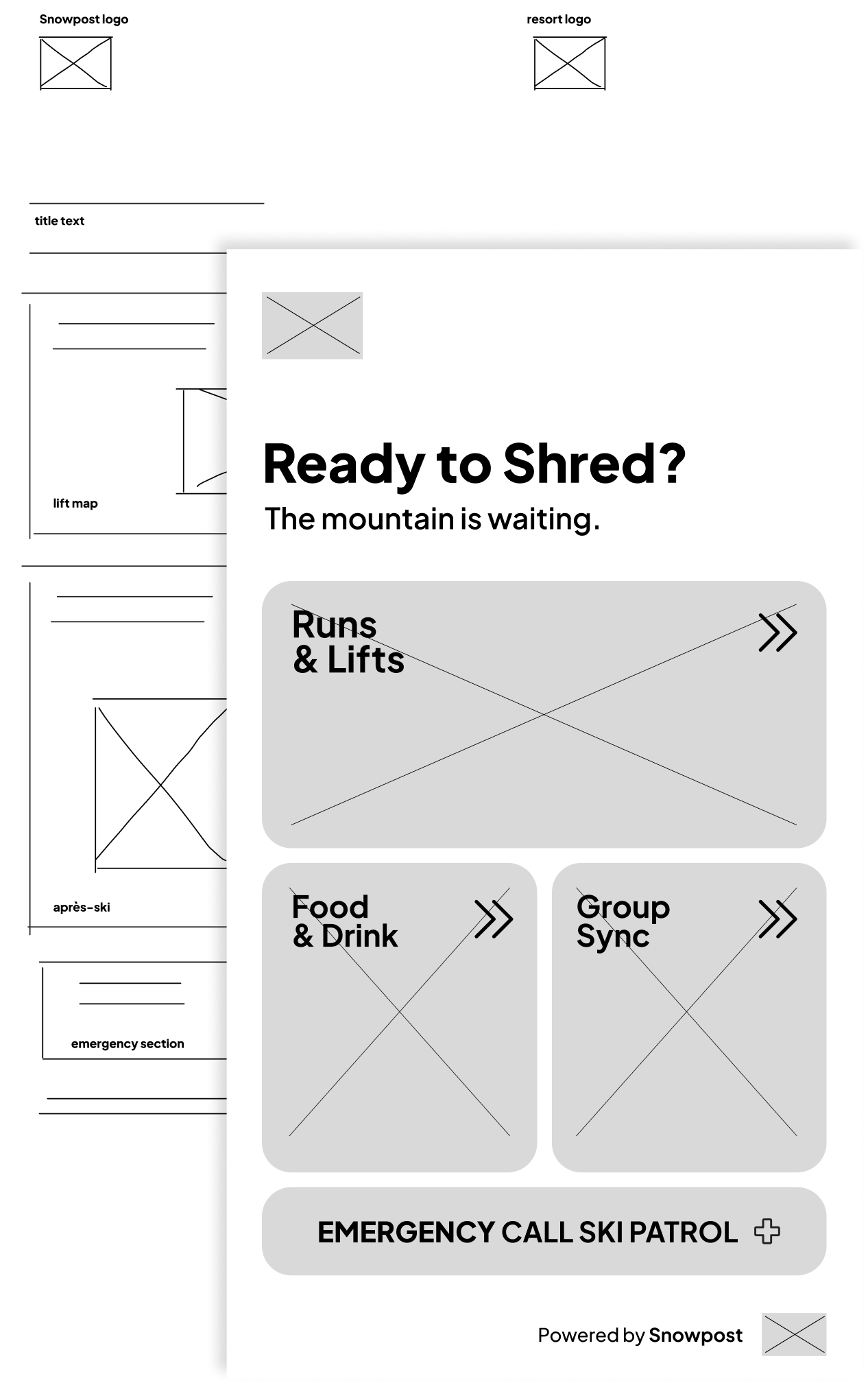 A low and mid-fidelity wireframe from SnowPost's UI