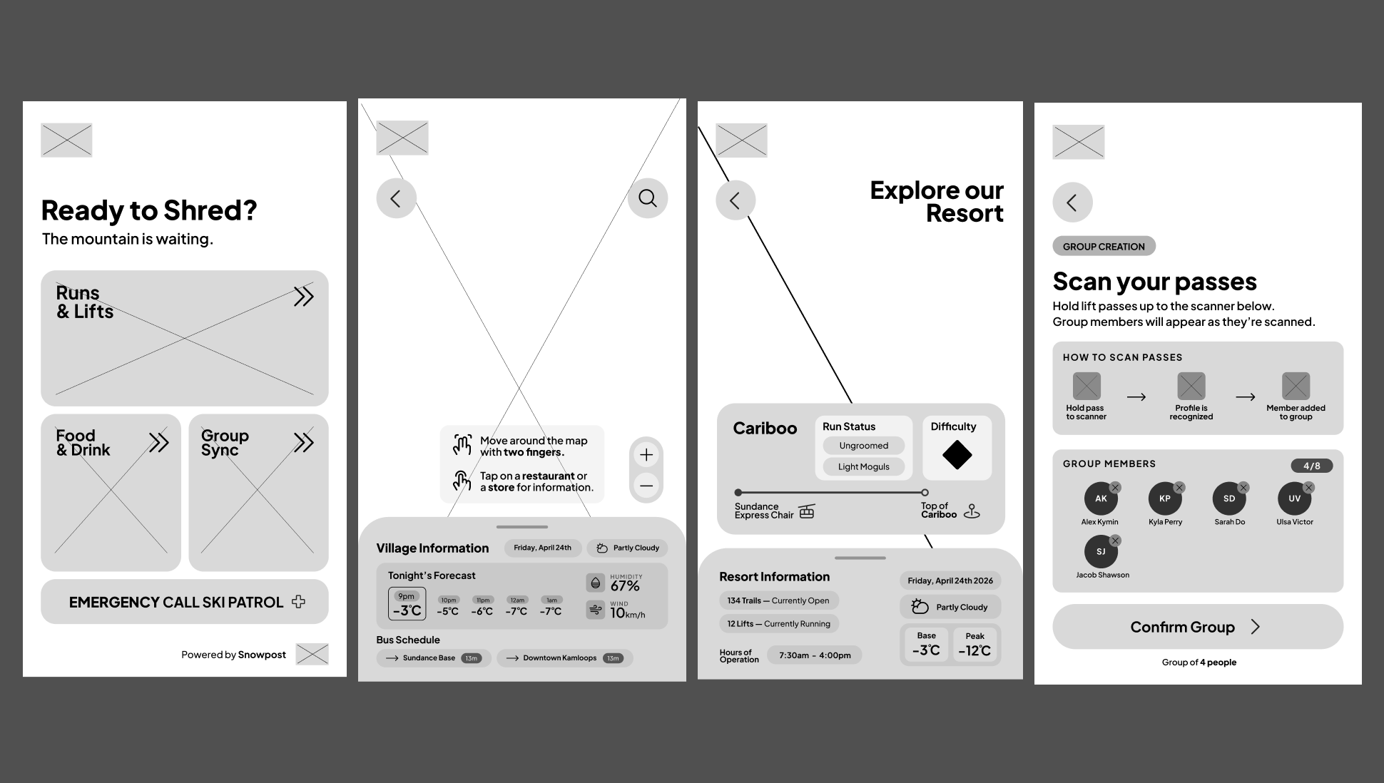 Mid fidelity wireframes for SnowPost
