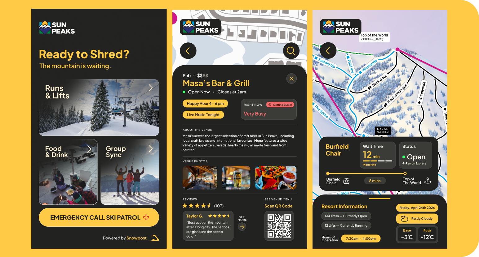 Three mockups showcasing key pages from Snowpost